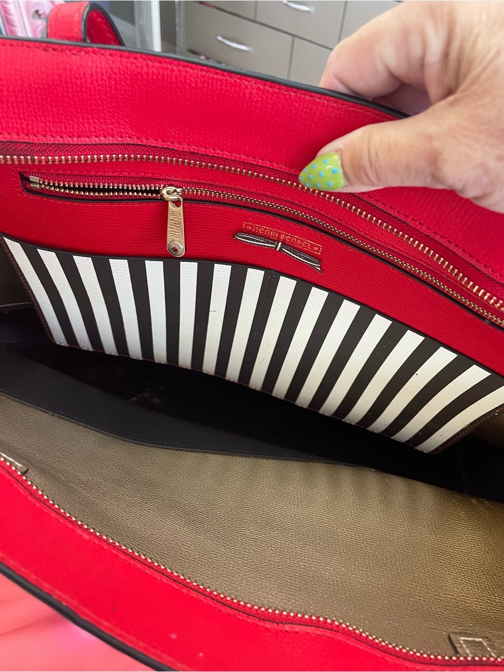 henri bendel Red Tote with Gold Script and Black & White Stripes - Picture 4 of 6
